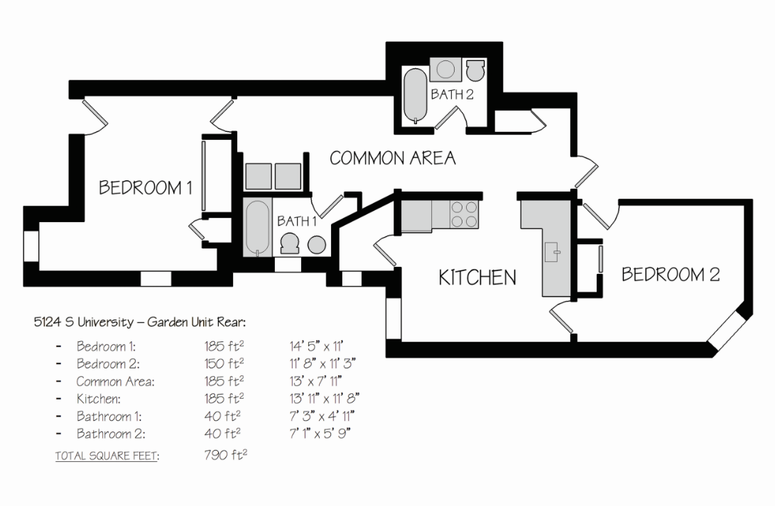 Floor plan for 2 beds, 1 bath